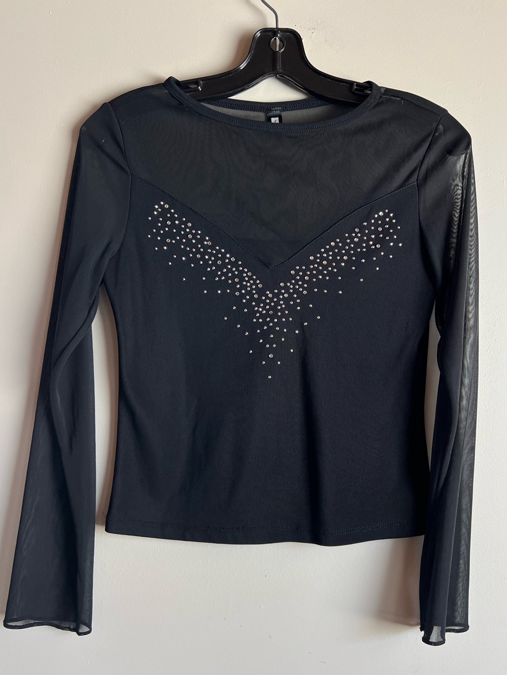 Vintage Team USA Black Mesh Rhinestone Y2K Long Sleeve Sheer Top XS